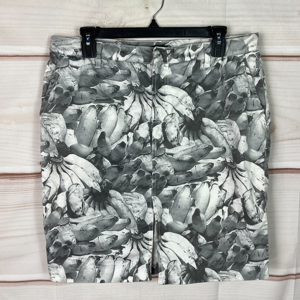 Tufi Duek Skirt Womens 46 US 10 Gray White Banana Print Pencil Front Slit Pocket